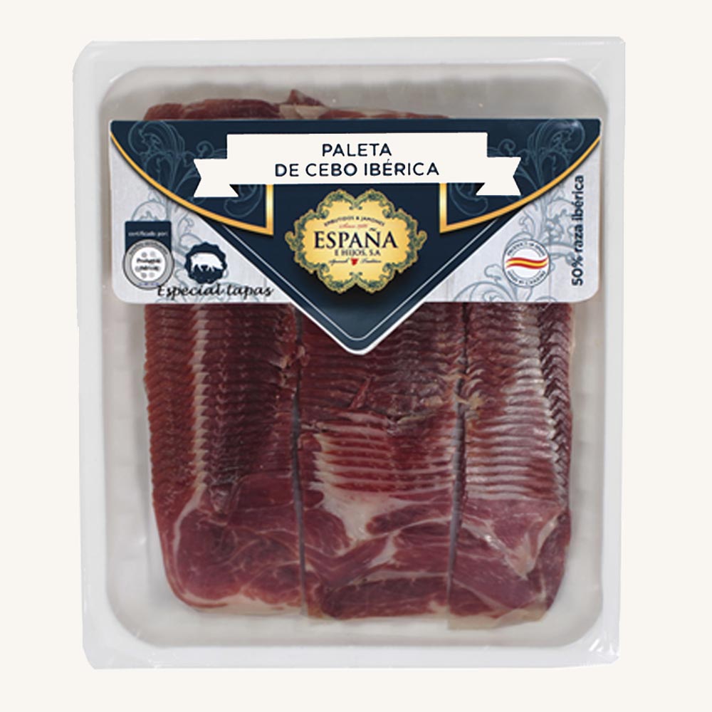 España e Hijos Ibérico 50% de cebo shoulder ham (Paleta), from Toledo, pre-sliced in small cuts ideal for tapas, 500 gr