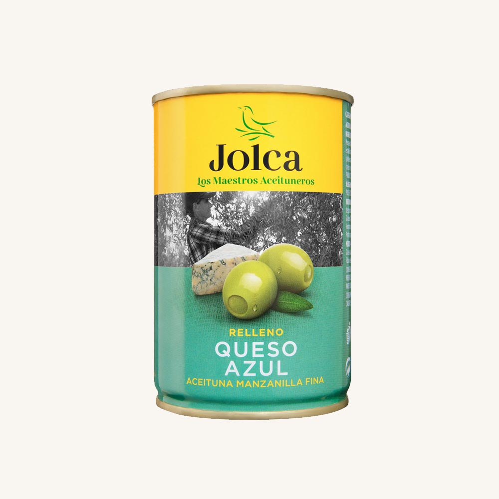 Jolca Green manzanilla fina olives stuffed with blue cheese (queso azul), from Seville, can 130g