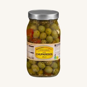 Huerta de Barros Chupadedos style seasoned split olives (aceitunas partidas estilo Chupadedos), from Seville, jar 980g
